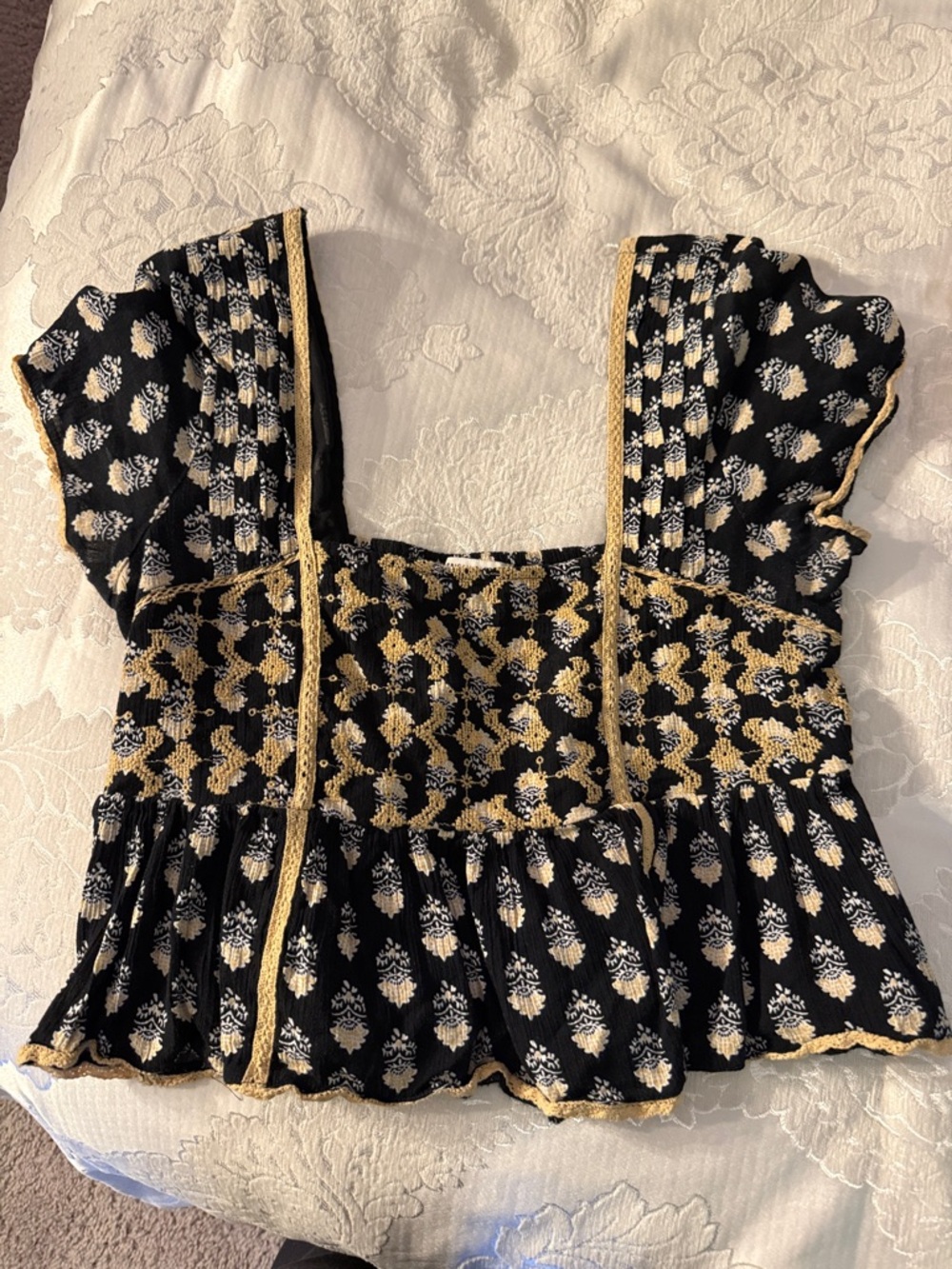 American Eagle Outfitters Black Crop Top with Gold Embroidery